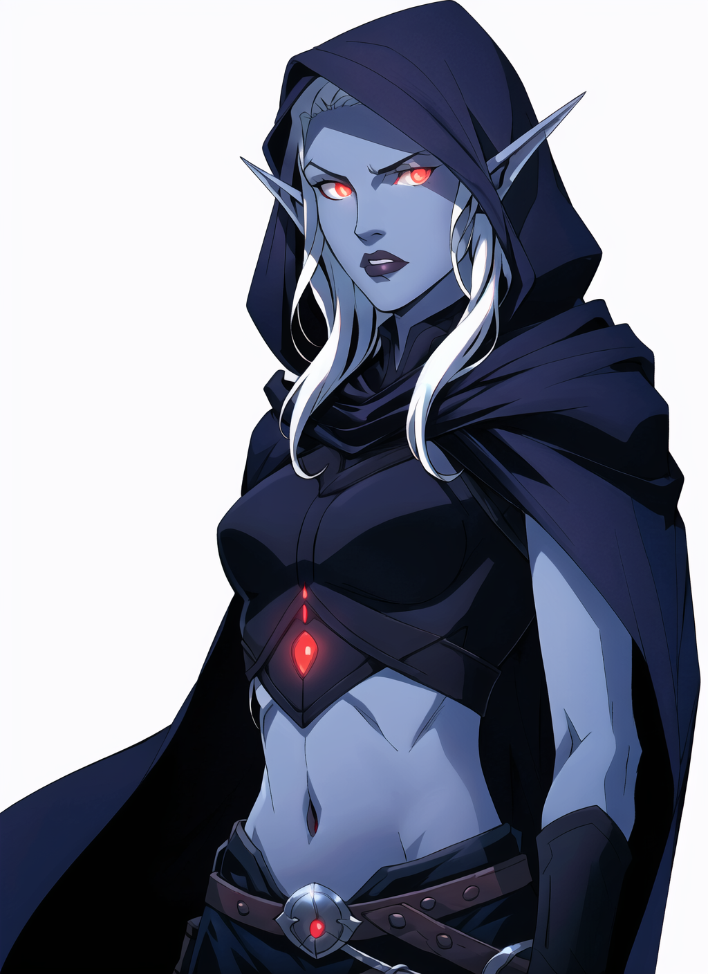 11072187-1650465300-drow, female, pointy ears, solo, elf, navel, hood, colored skin, midriff, looking at viewer, long hair, cloak, dark elf, breasts.png